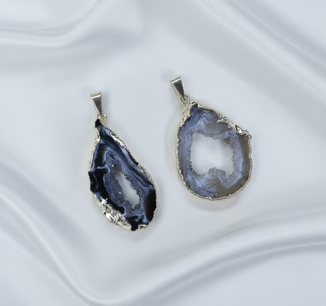 Geode Slice Pendant — Dark & Light Natural Stones with 18K Gold Hand-Painted Edges, One-of-a-Kind Jewelry