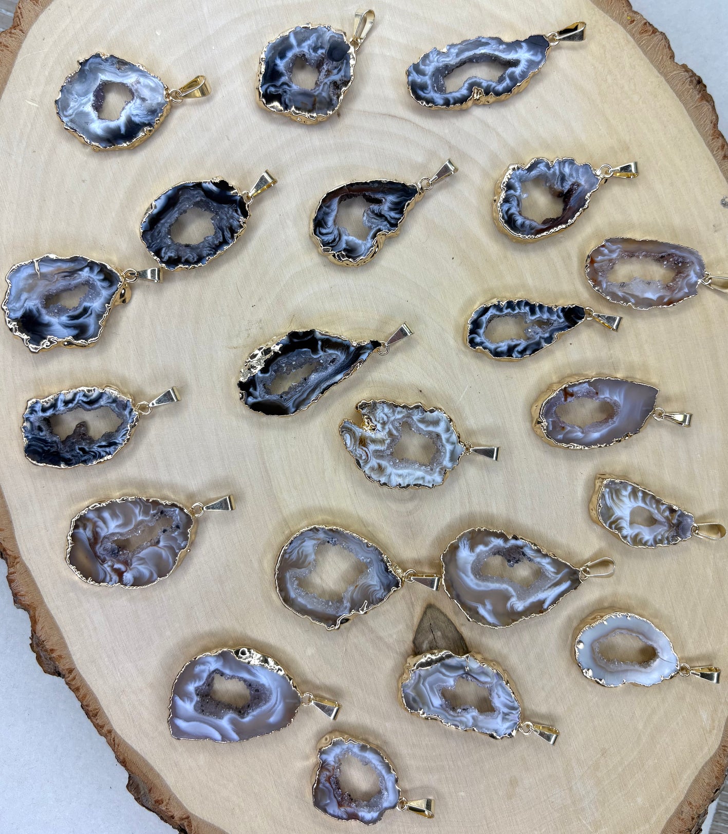 Geode Slice Pendant — Dark & Light Natural Stones with 18K Gold Hand-Painted Edges, One-of-a-Kind Jewelry