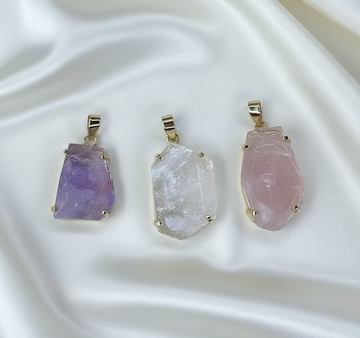 Faceted Freeform Genuine Quartz Pendant – Clear Quartz, Rose Quartz & Amethyst