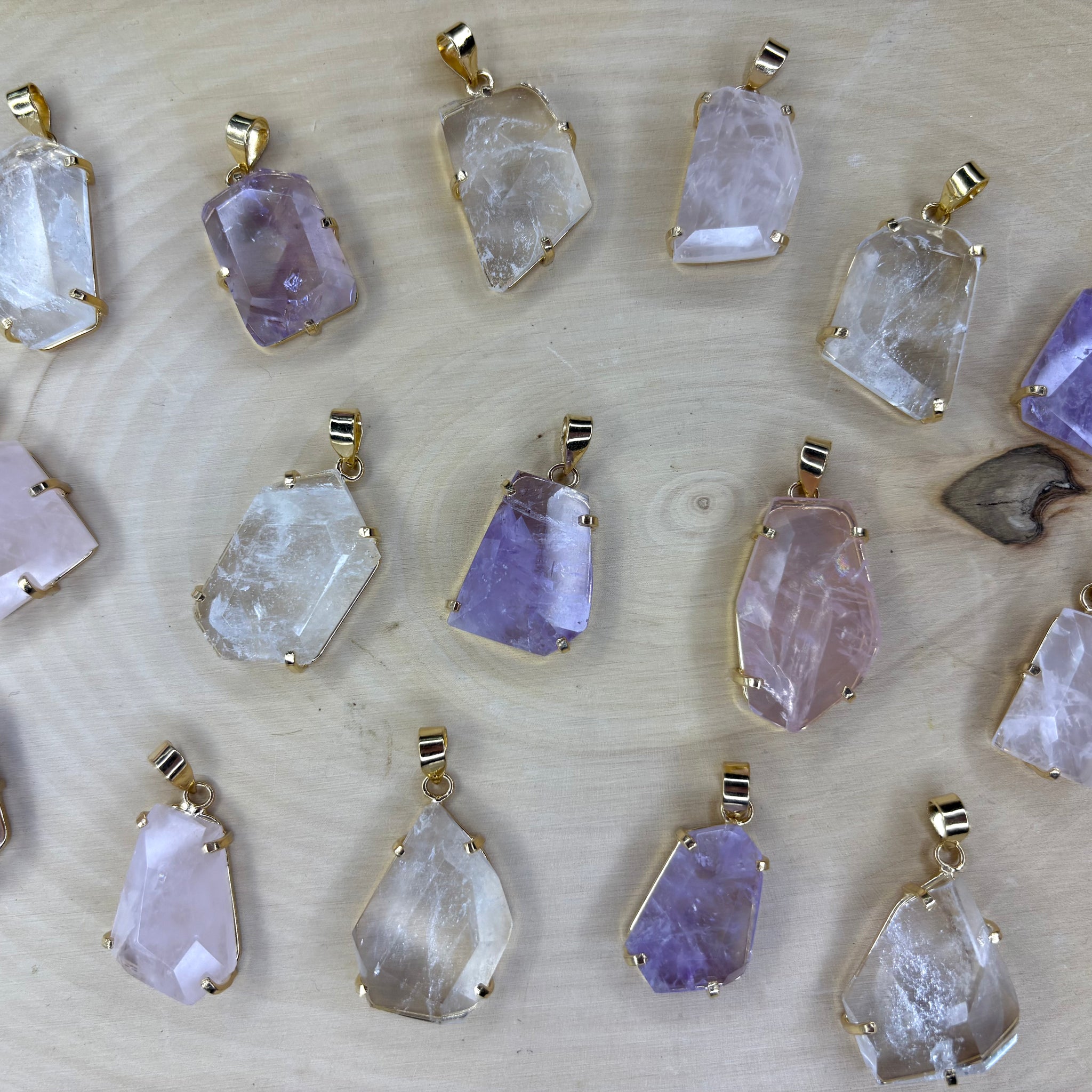 Faceted Freeform Genuine Quartz Pendant – Clear Quartz, Rose Quartz & Amethyst