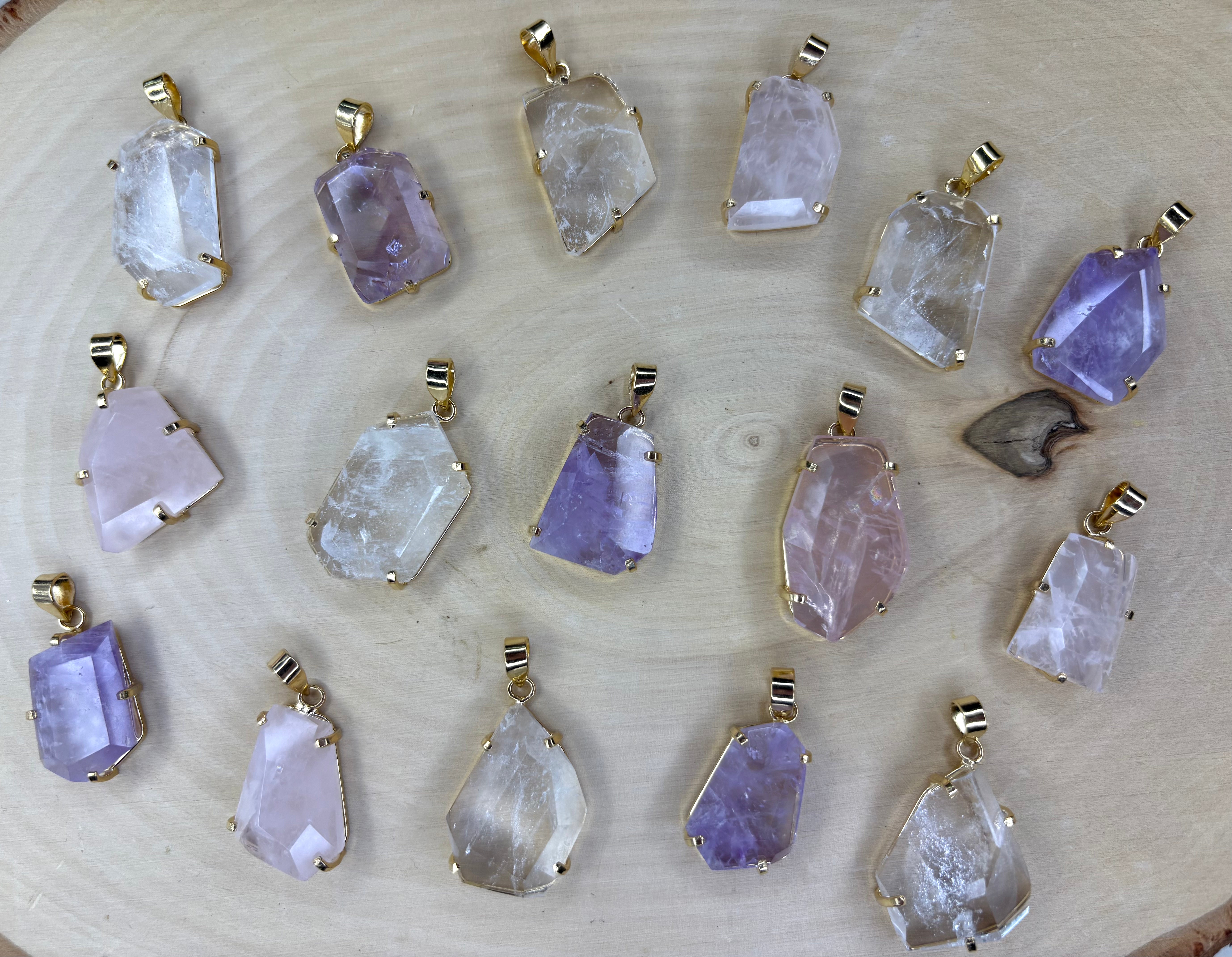 Faceted Freeform Genuine Quartz Pendant – Clear Quartz, Rose Quartz & Amethyst