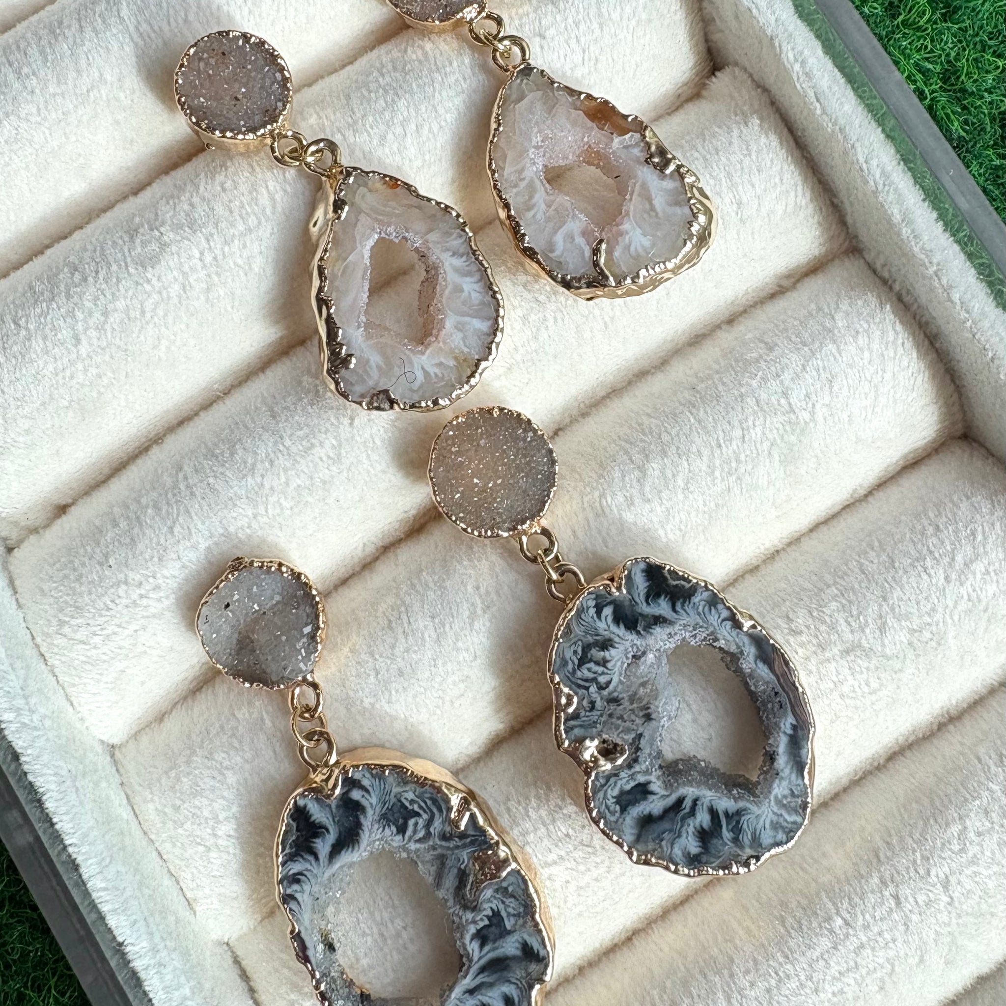 Druzy & Geode Dangle Earrings — 18K Gold Hand-Painted Edges, Hypoallergenic Natural Stone Jewelry