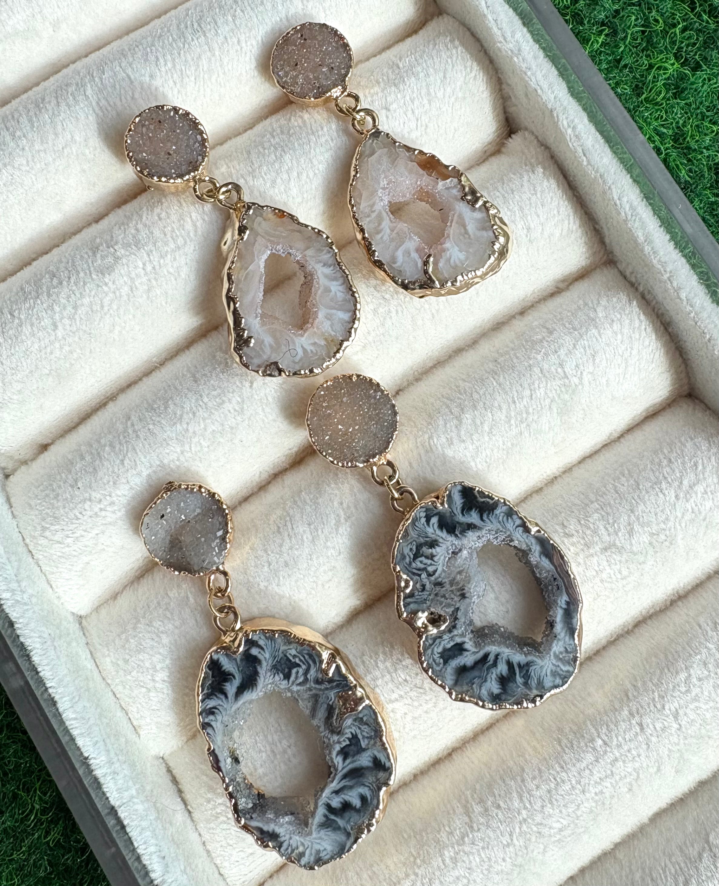 Druzy & Geode Dangle Earrings — 18K Gold Hand-Painted Edges, Hypoallergenic Natural Stone Jewelry