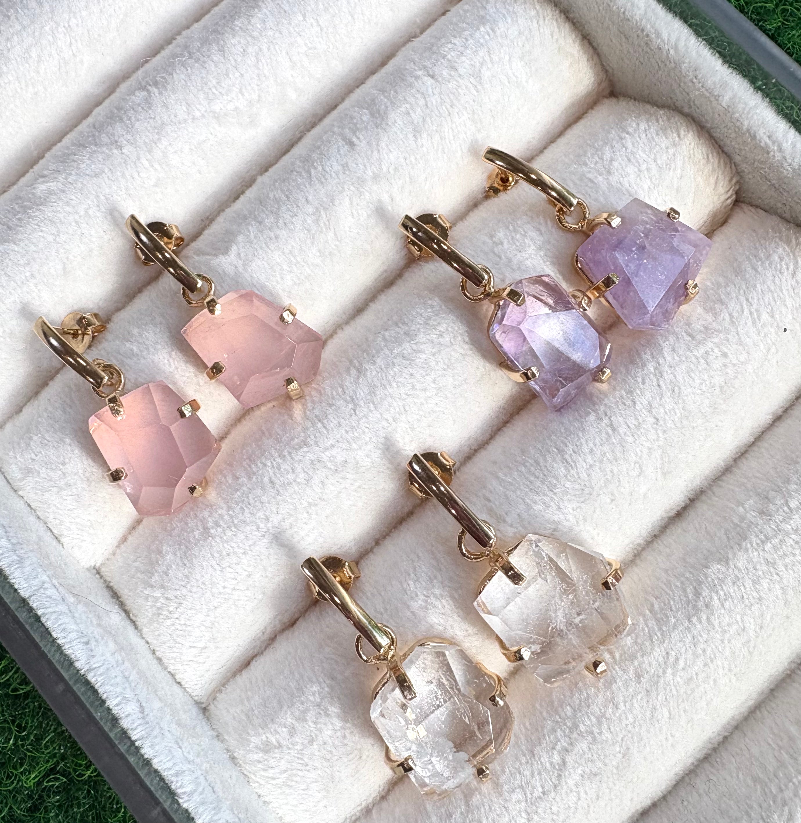 Faceted Genuine Gemstone Drop Earrings – Clear Quartz, Rose Quartz & Amethyst – 18K Gold-Plated, Hypoallergenic