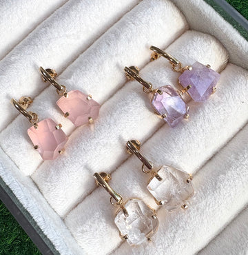 Faceted Genuine Gemstone Drop Earrings – Clear Quartz, Rose Quartz & Amethyst – 18K Gold-Plated, Hypoallergenic