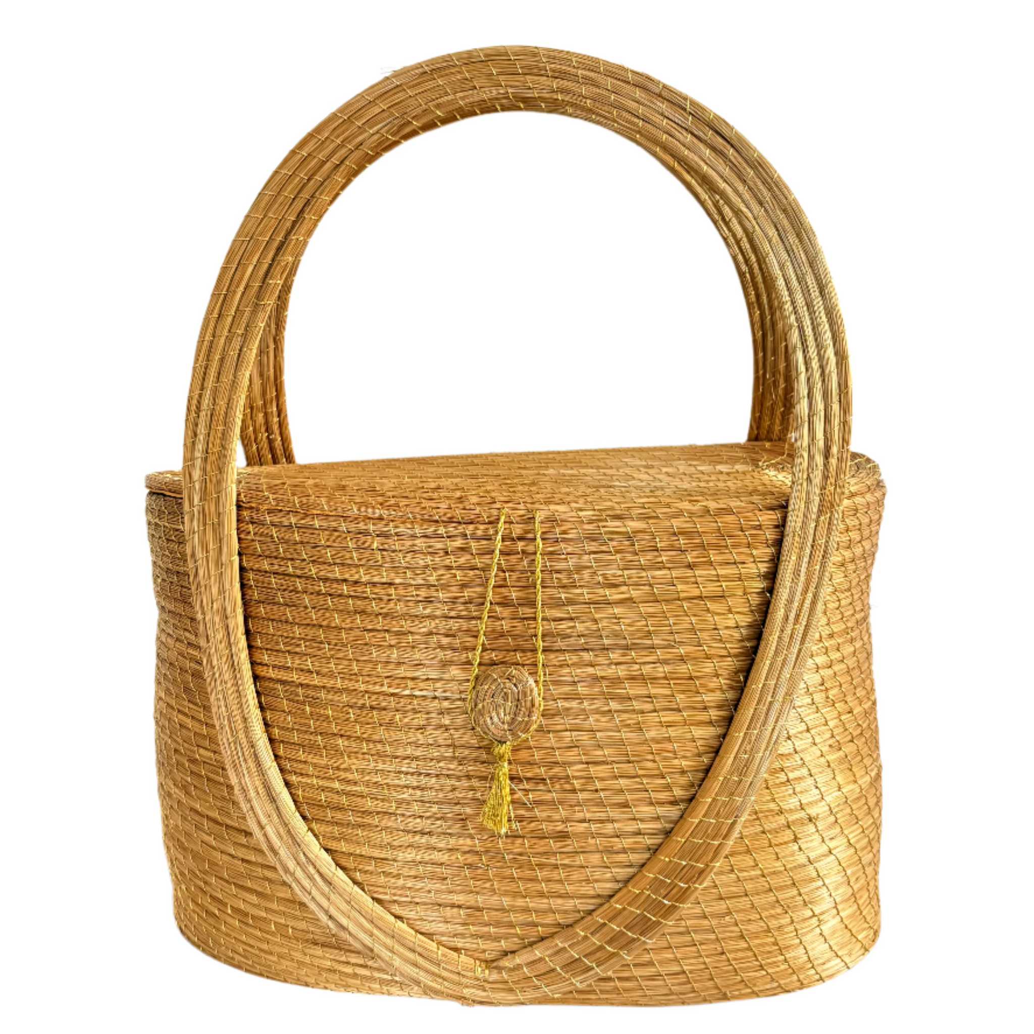 Brisa Dourada — Handmade Golden Grass Bucket Bag with Loop-Latch Closure