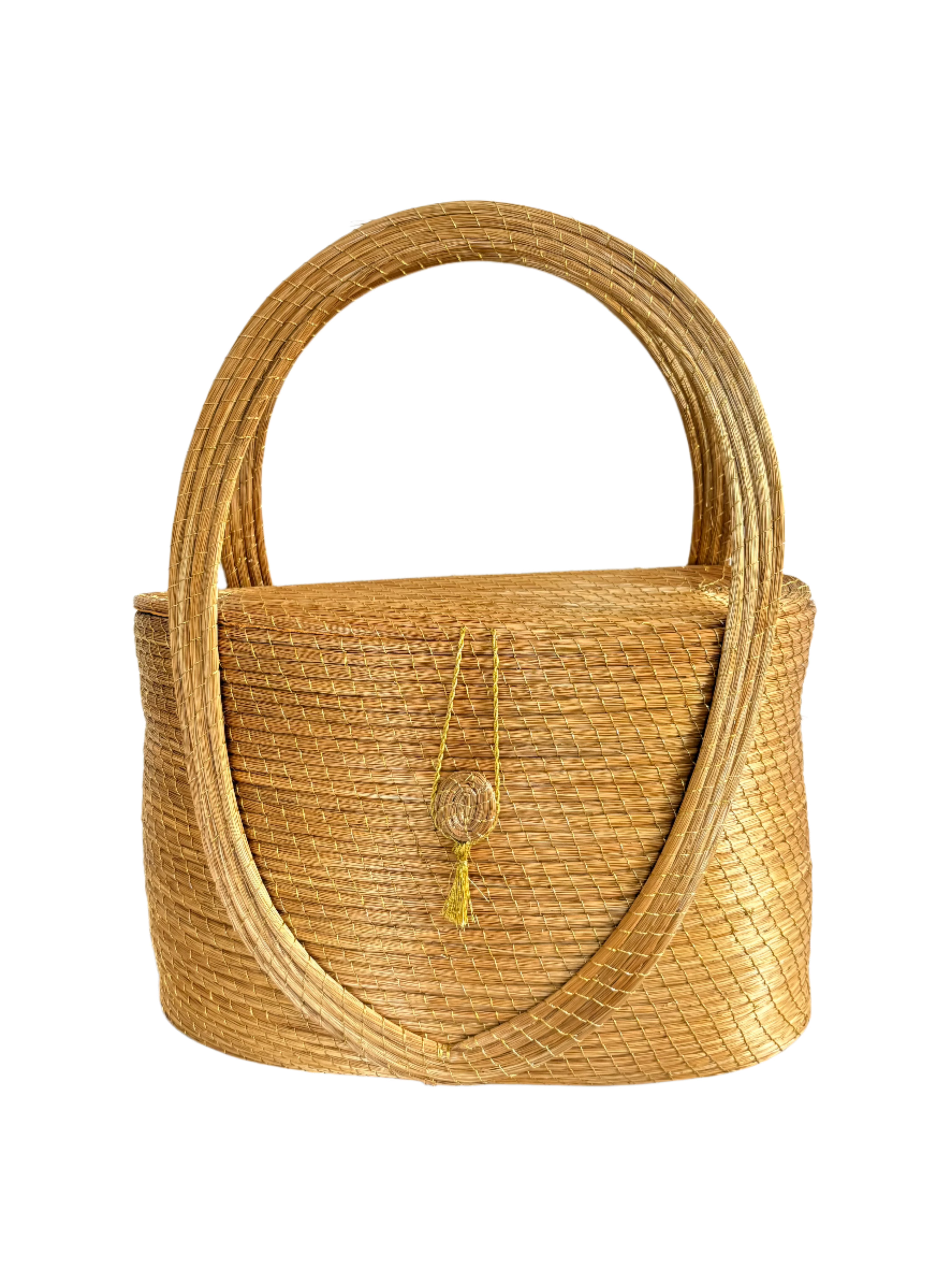 Brisa Dourada — Handmade Golden Grass Bucket Bag with Loop-Latch Closure