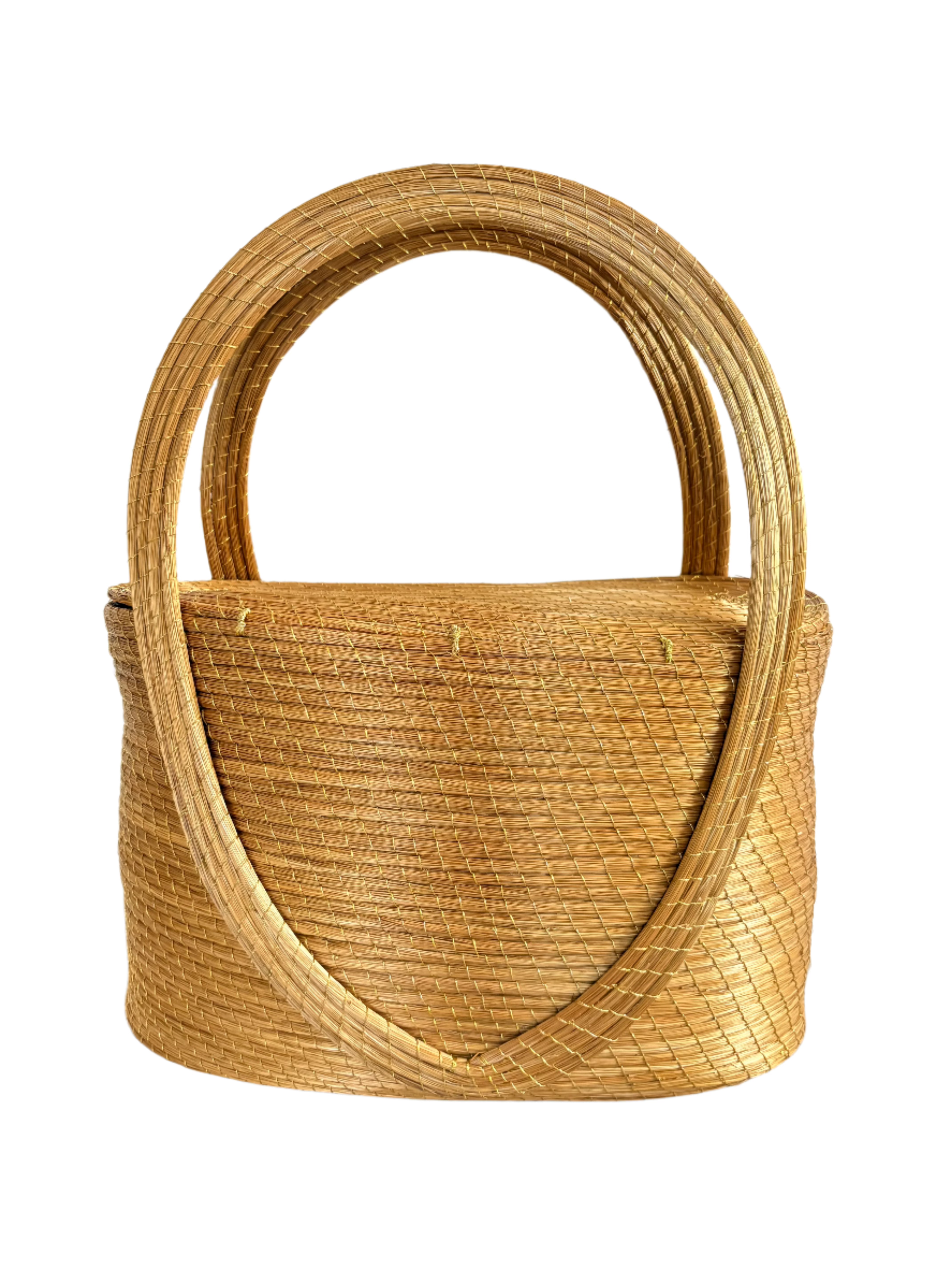 Brisa Dourada — Handmade Golden Grass Bucket Bag with Loop-Latch Closure