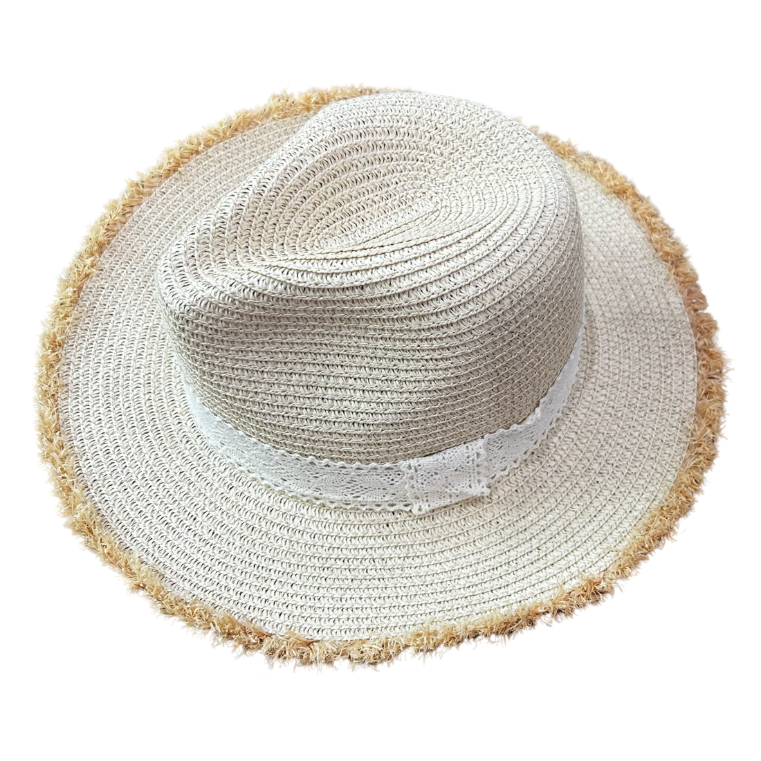 raffia style panama hat with frayed brim and ivory lace sash beach accessory AquaBrasil