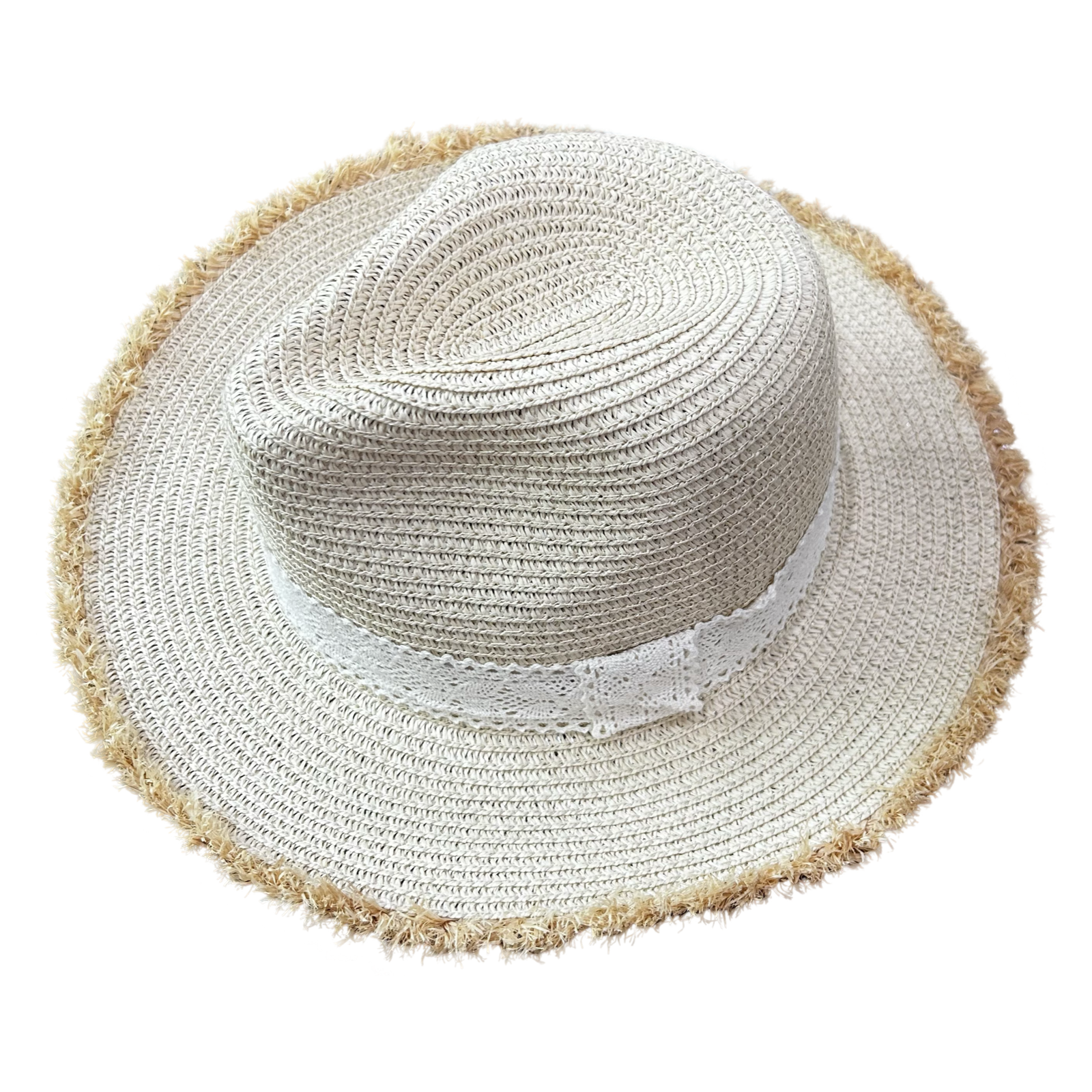 raffia style panama hat with frayed brim and ivory lace sash beach accessory AquaBrasil