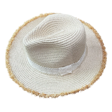 raffia style panama hat with frayed brim and ivory lace sash beach accessory AquaBrasil