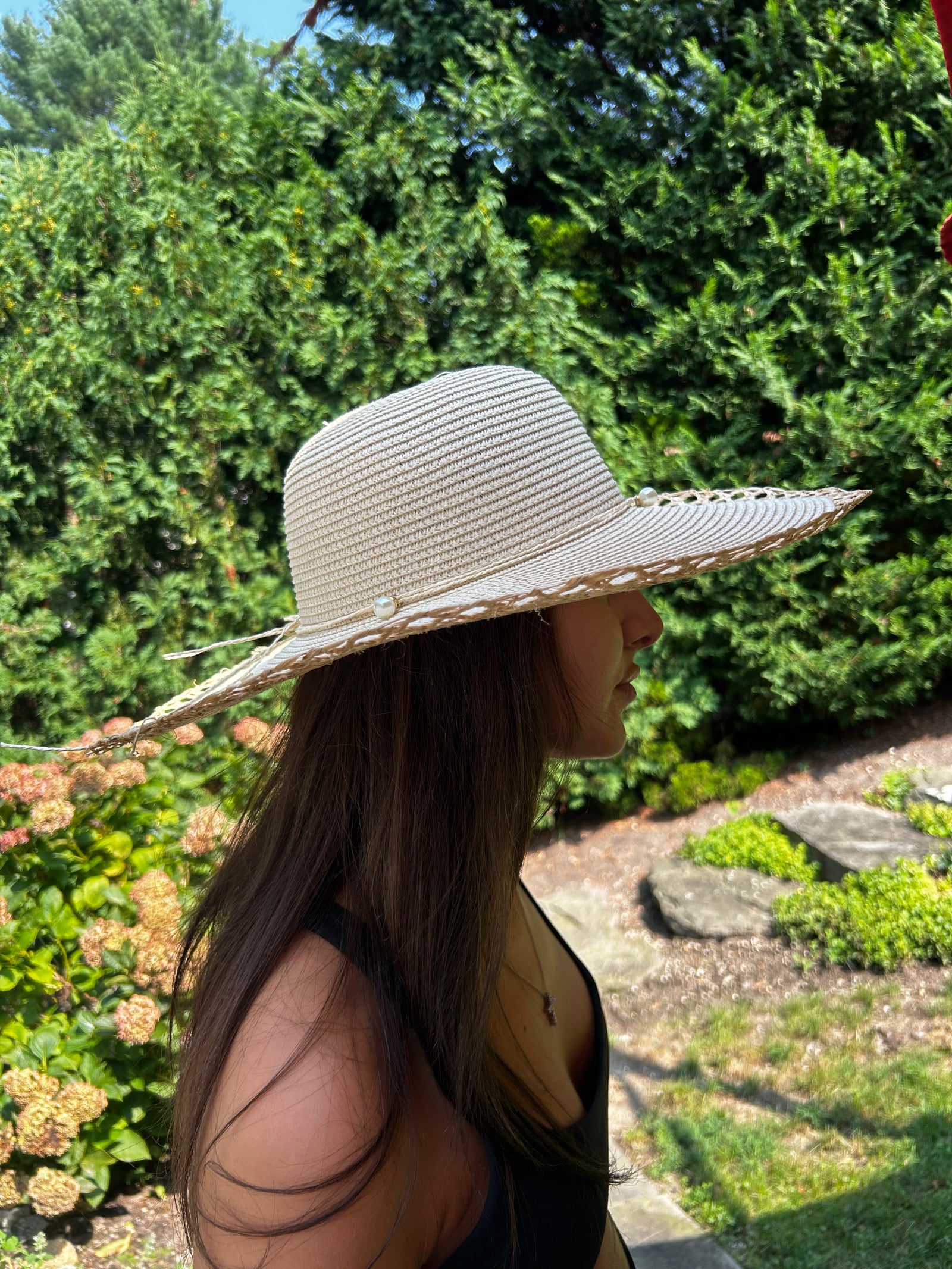 Cream Wide Brim Sun Hat With Pearls