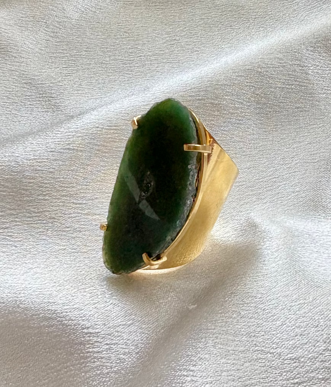 Green Agate Statement Ring – Adjustable Cuff Style in 18K Gold Plating