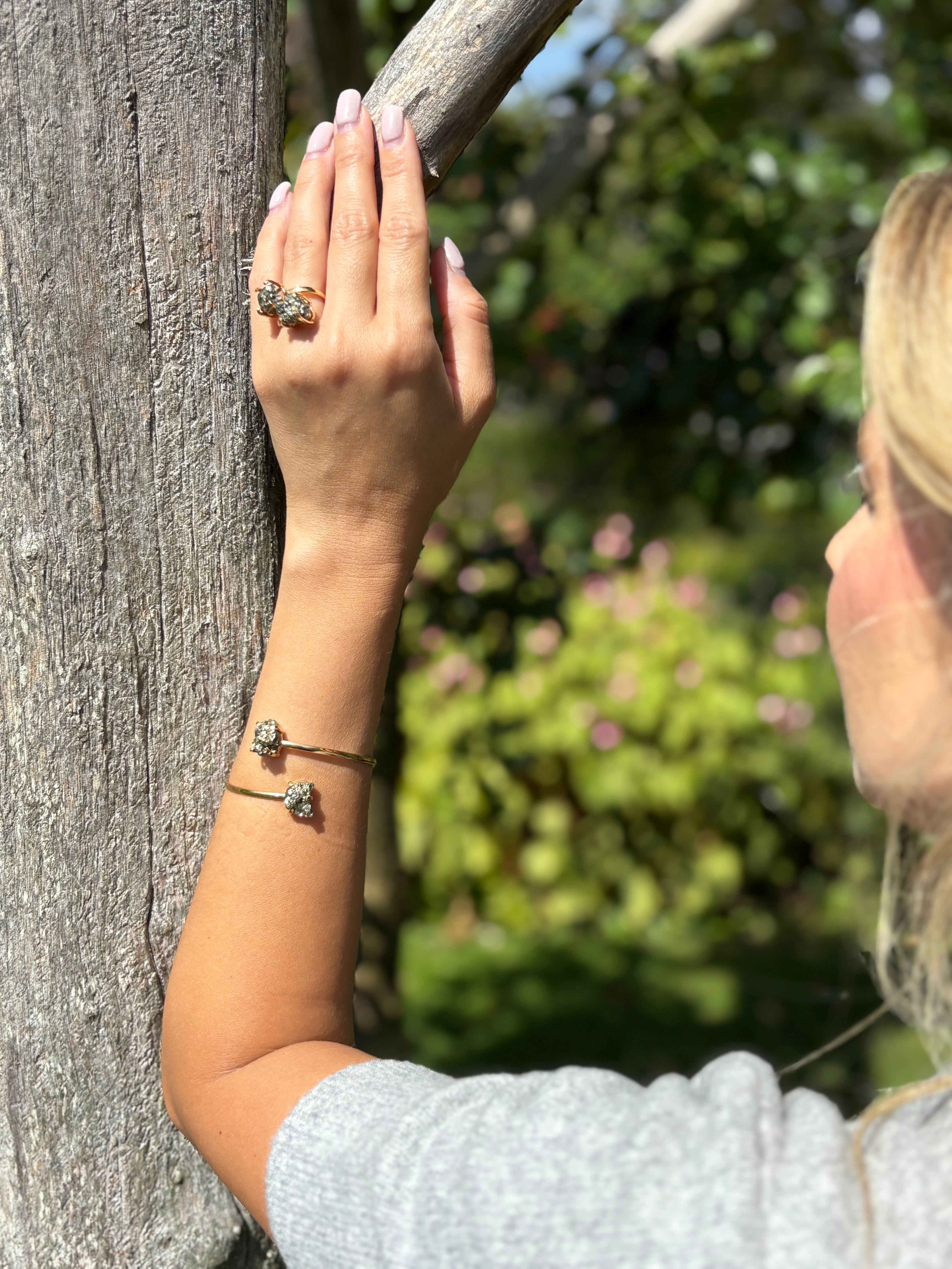 Pyrite Bangle Bracelet – Teardrop & Moon, 18K Gold Plated