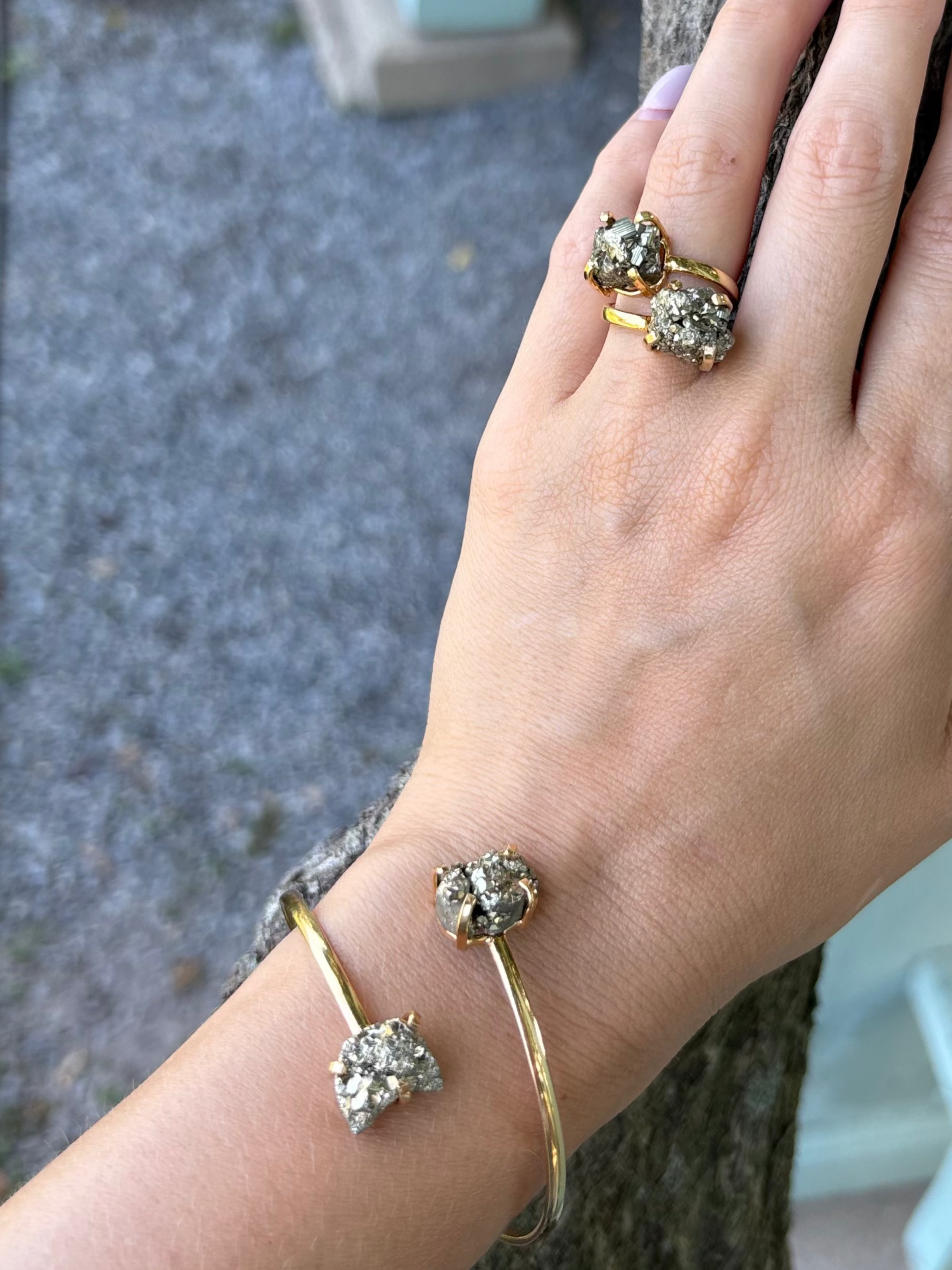 Dual-Stone Pyrite Ring — Genuine Natural Gemstones, 18K Gold Plated, Adjustable Statement Jewelry