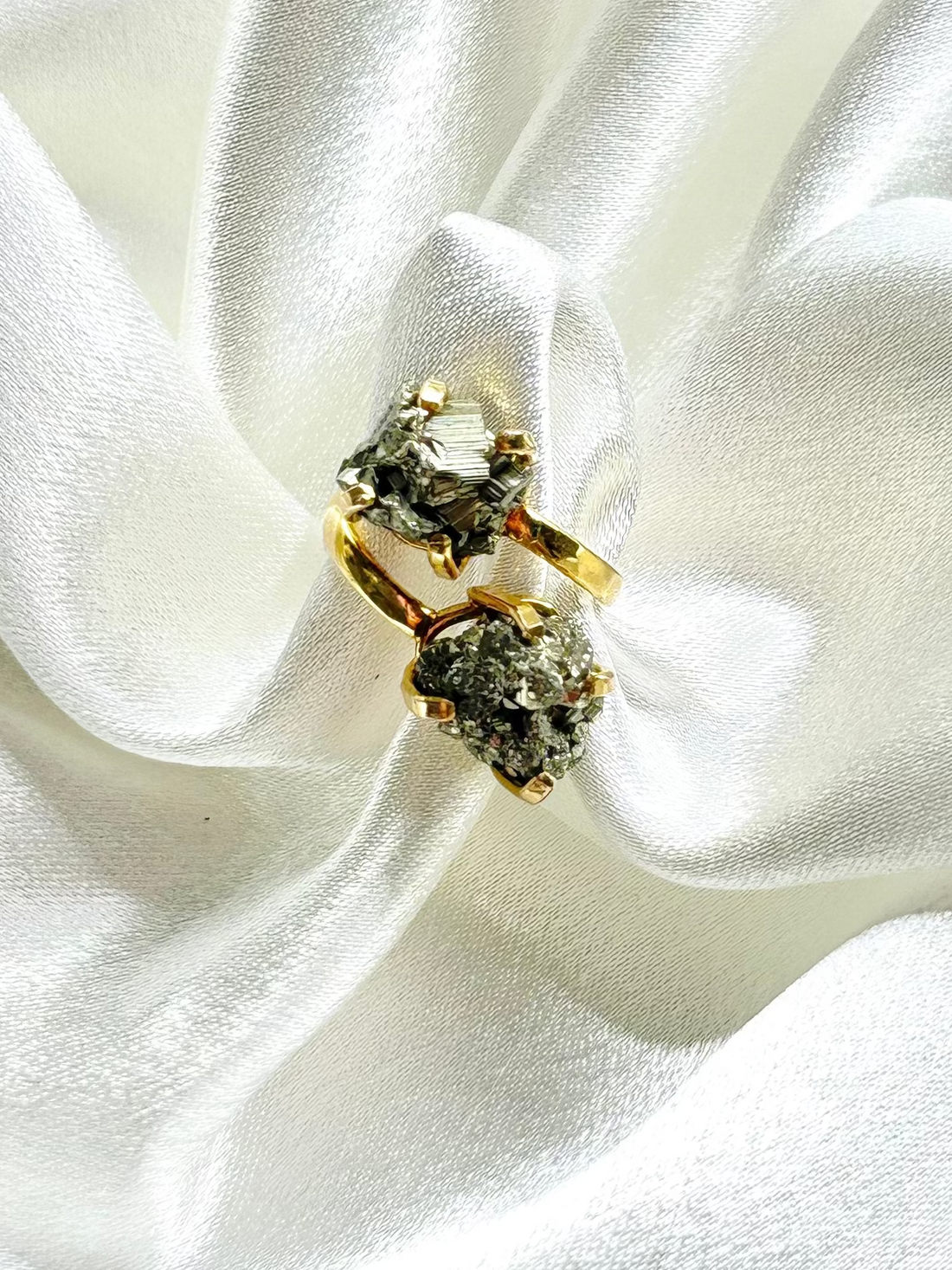 Dual-Stone Pyrite Ring — Genuine Natural Gemstones, 18K Gold Plated, Adjustable Statement Jewelry