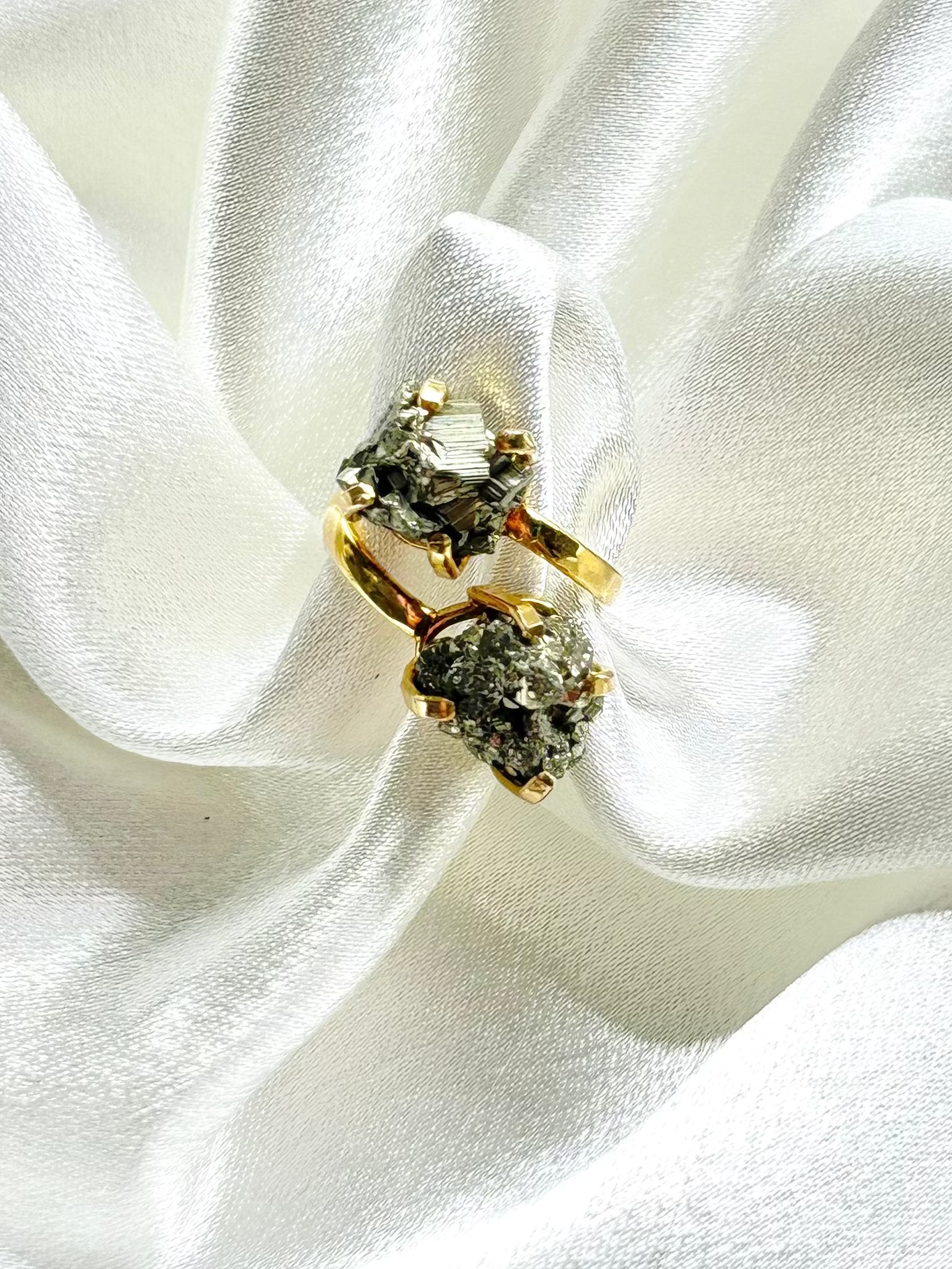 Dual-Stone Pyrite Ring — Genuine Natural Gemstones, 18K Gold Plated, Adjustable Statement Jewelry