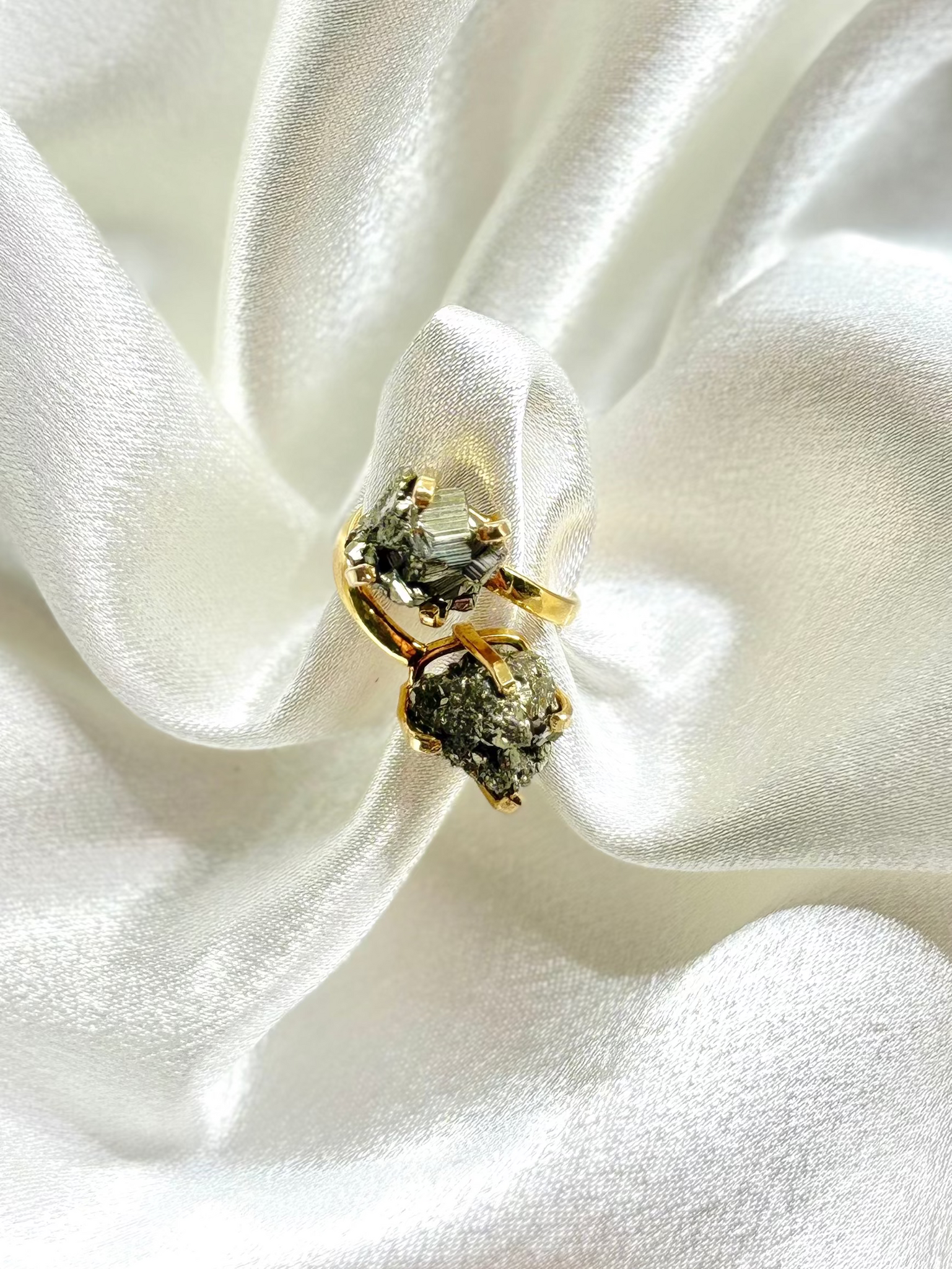 Dual-Stone Pyrite Ring — Genuine Natural Gemstones, 18K Gold Plated, Adjustable Statement Jewelry