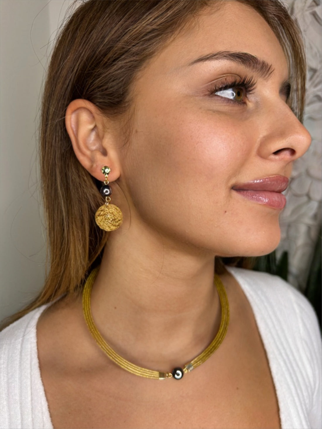 Golden Grass Mandala Earrings with Hematite — Handwoven in Brazil with 18K Gold Plated Accents