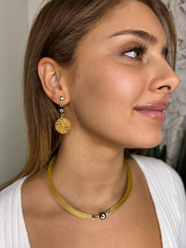Golden Grass Mandala Earrings with Hematite — Handwoven in Brazil with 18K Gold Plated Accents