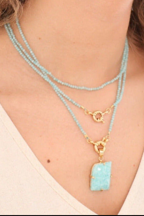 Blue Amazonite Free Form Pendant – 18K Gold Plated Frame