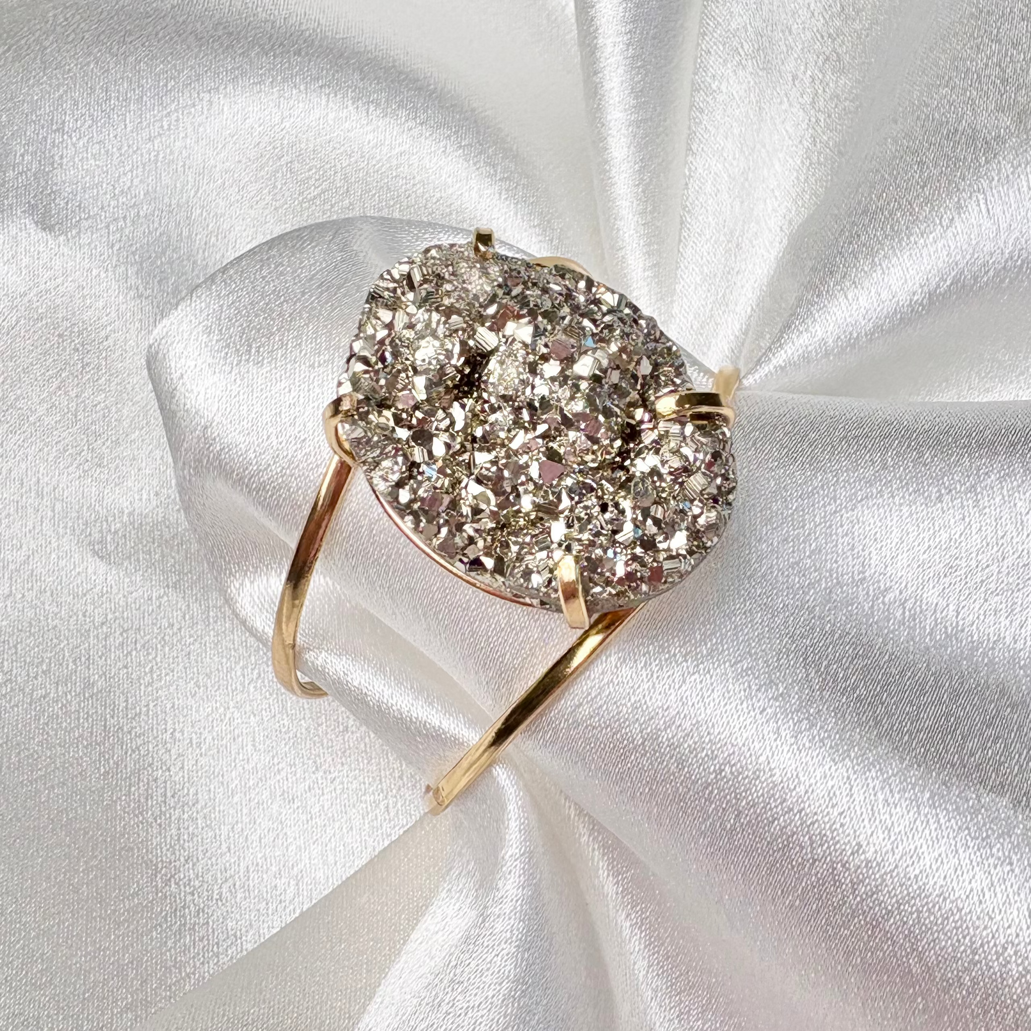 statement pyrite cuff with large oval natural stone on 18k gold plated adjustable band handcrafted by AquaBrasil