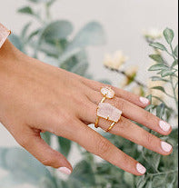 Rose Quartz Solitaire Ring — Free-Form Faceted Gemstone, 18K Gold Plated