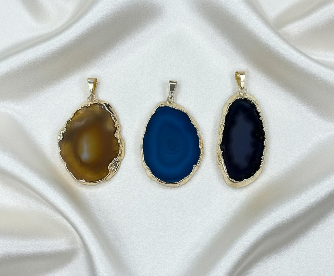 three natural agate slice pendants in brown deep blue and black with 18k gold edges AquaBrasil gemstone jewelry
