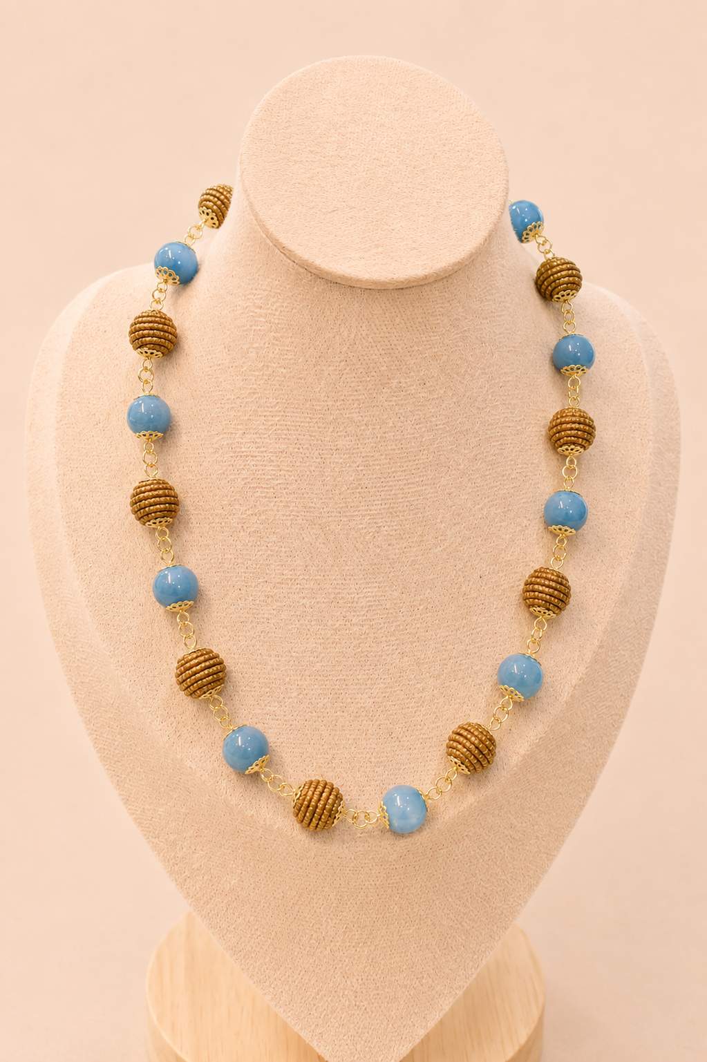 Natural Blue Amazonite and handwoven Brazilian golden grass beaded necklace with 18K gold-plated details