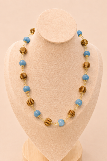 Natural Blue Amazonite and handwoven Brazilian golden grass beaded necklace with 18K gold-plated details