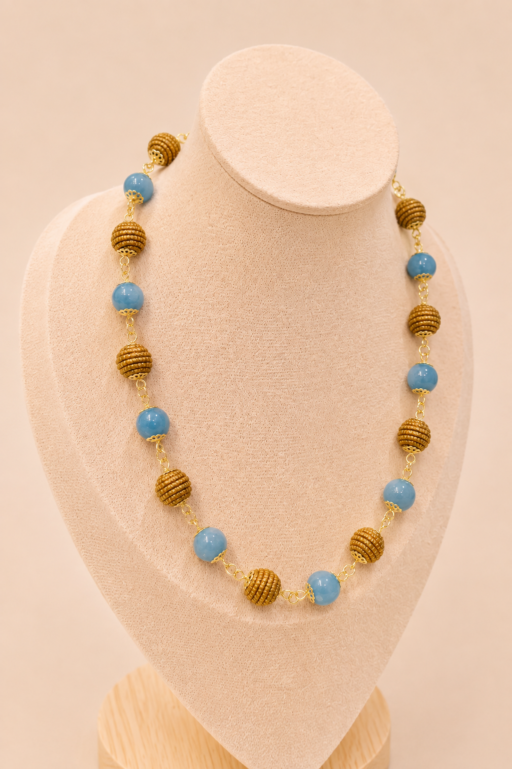 Blue Amazonite Golden Energy Necklace — Golden Grass Beads, 18K Gold Plated