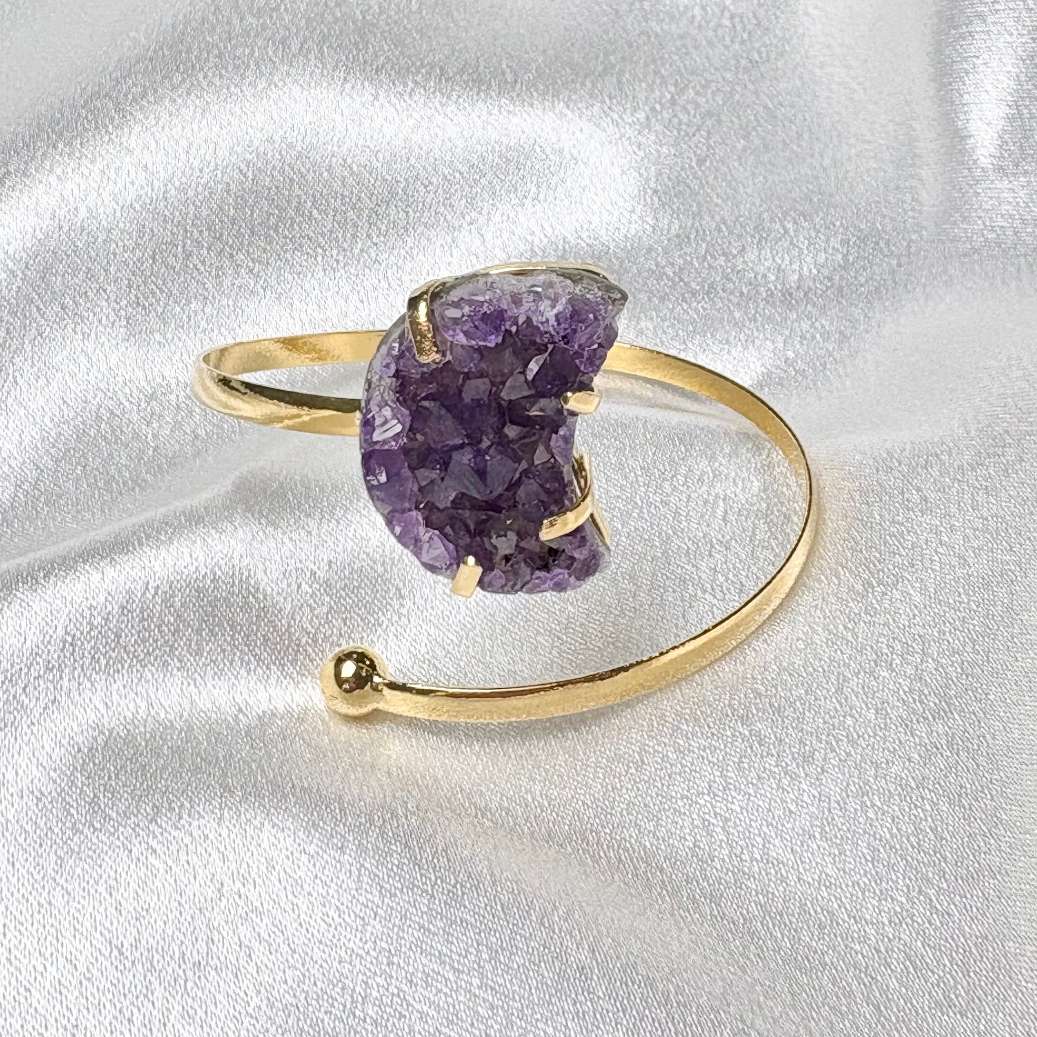 amethyst moon cluster cuff on 18k gold plated moldable bangle handcrafted by AquaBrasil