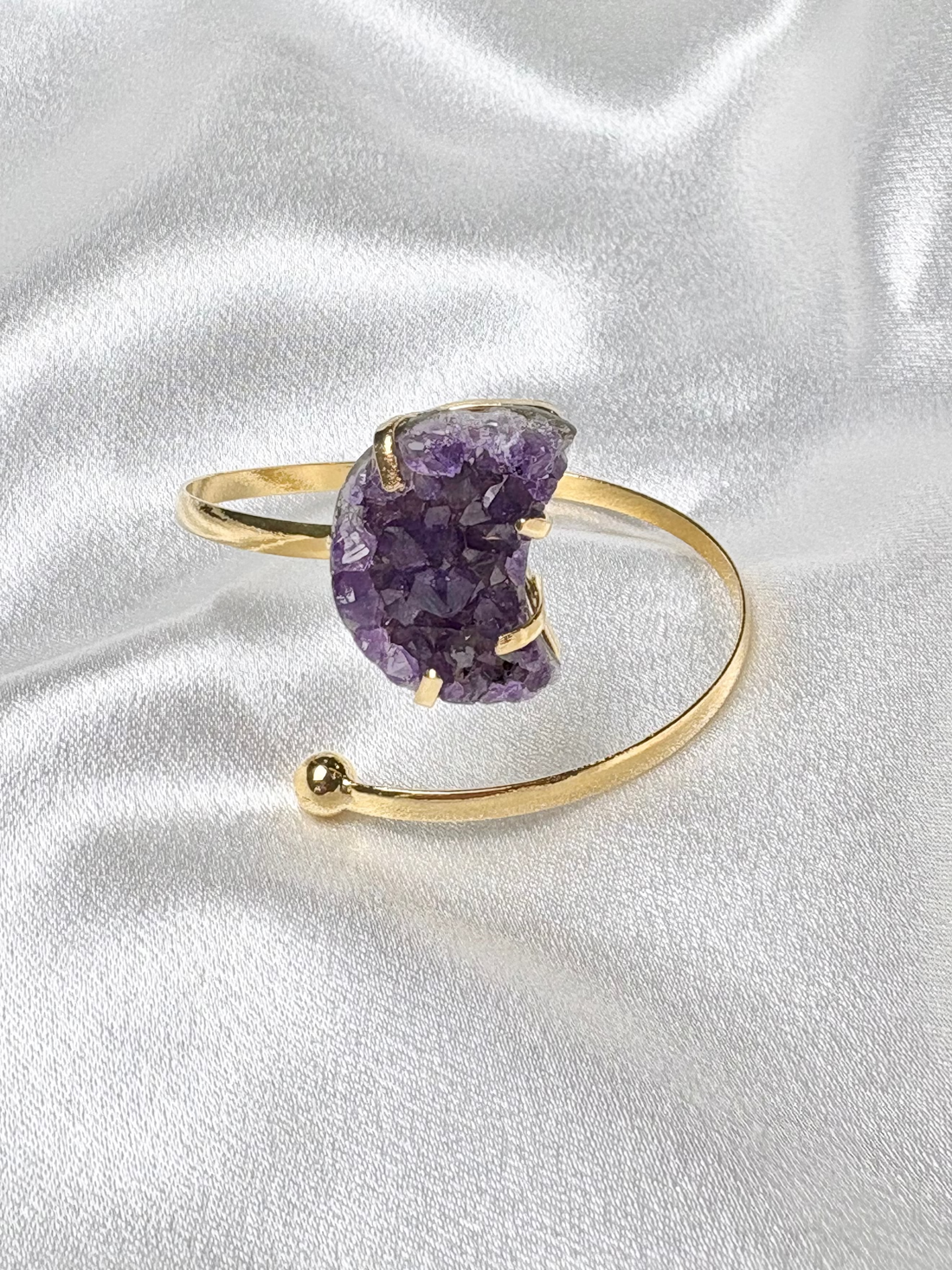 amethyst moon cluster cuff on 18k gold plated moldable bangle handcrafted by AquaBrasil