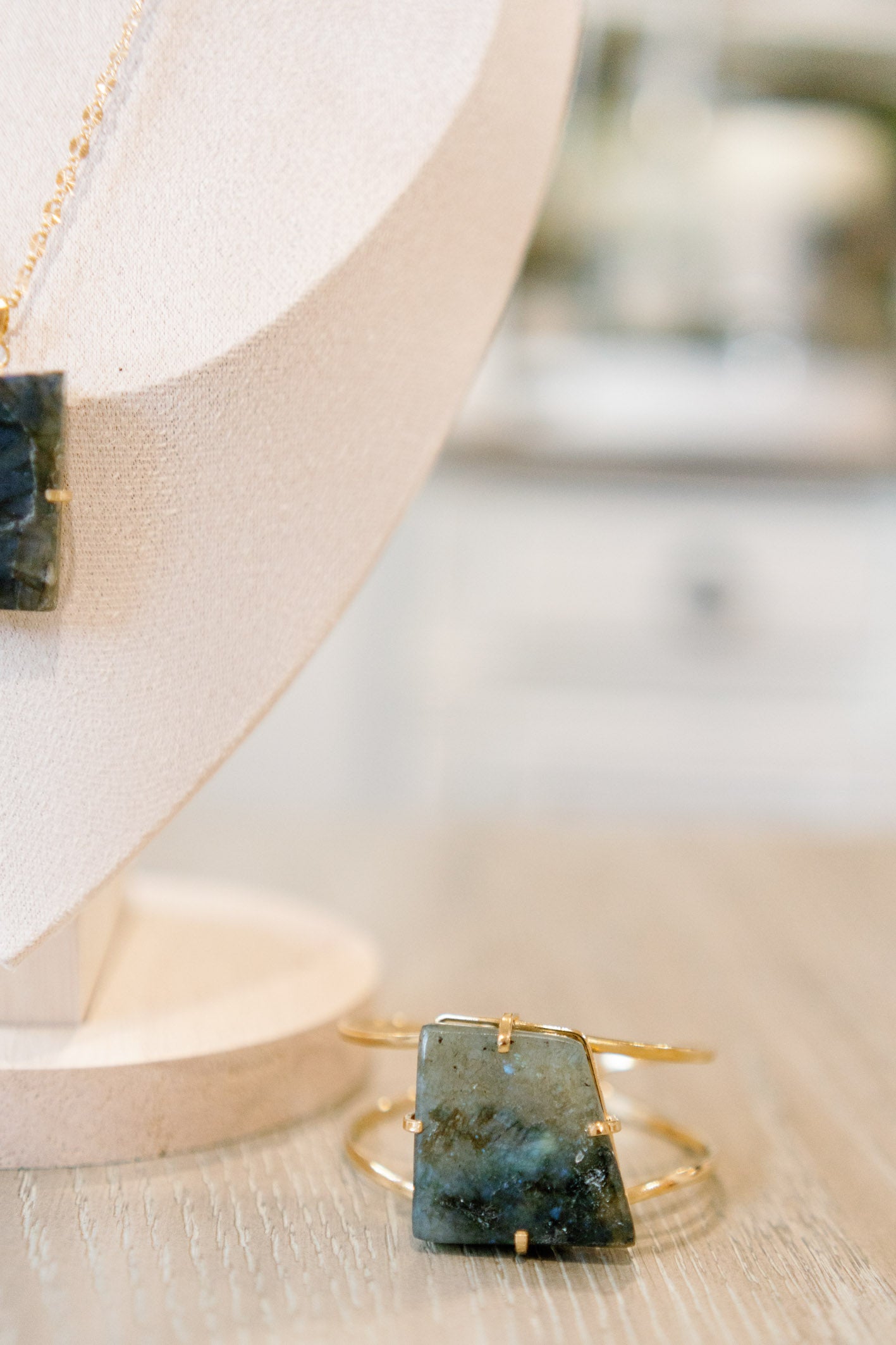 Labradorite Cuff Bracelet — Genuine Natural Stone, 18K Gold Plated, Adjustable Statement Jewelry