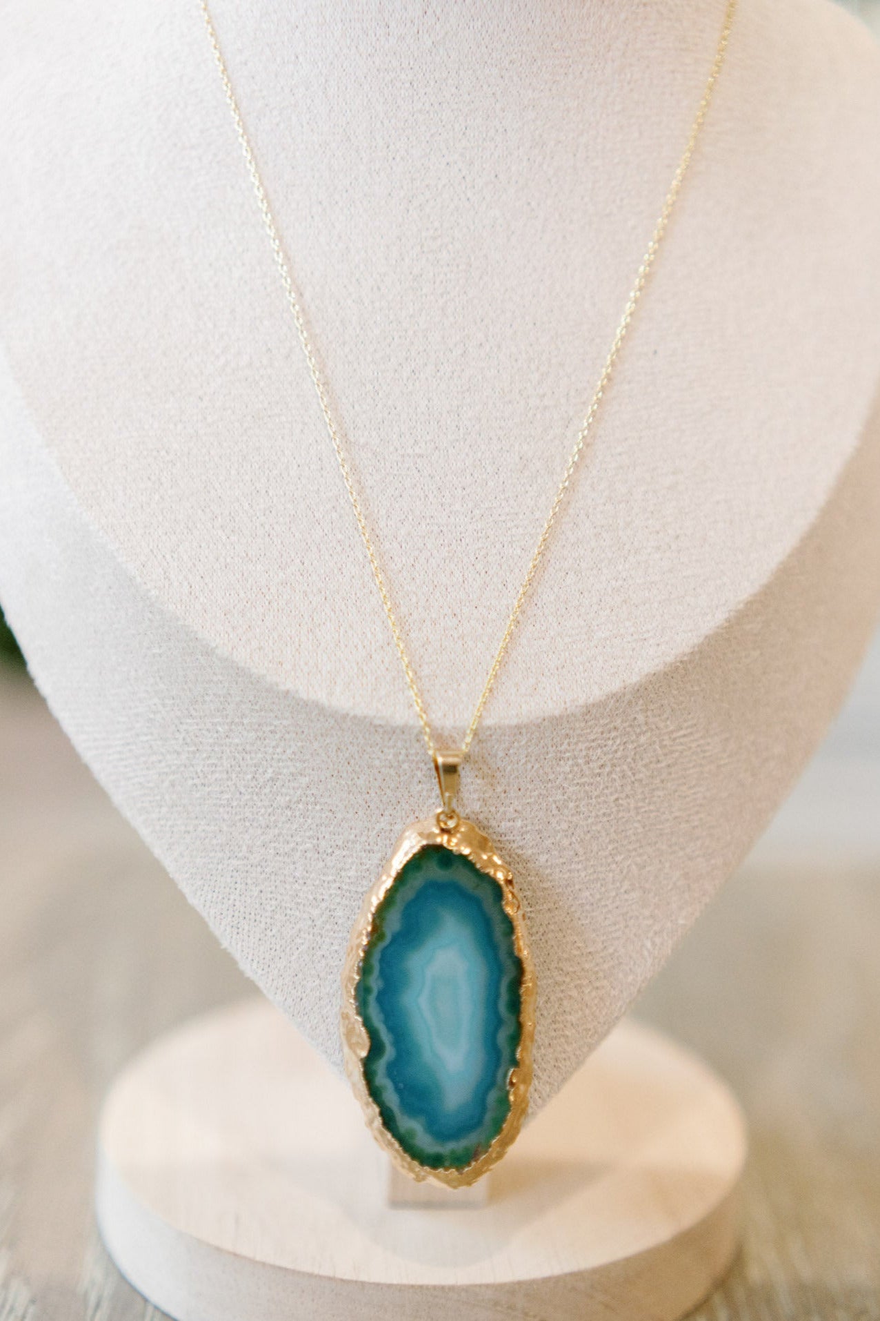 Agate Slice Pendant Necklace — Blue, Black & Brown Stones with 18K Gold Hand-Painted Edges