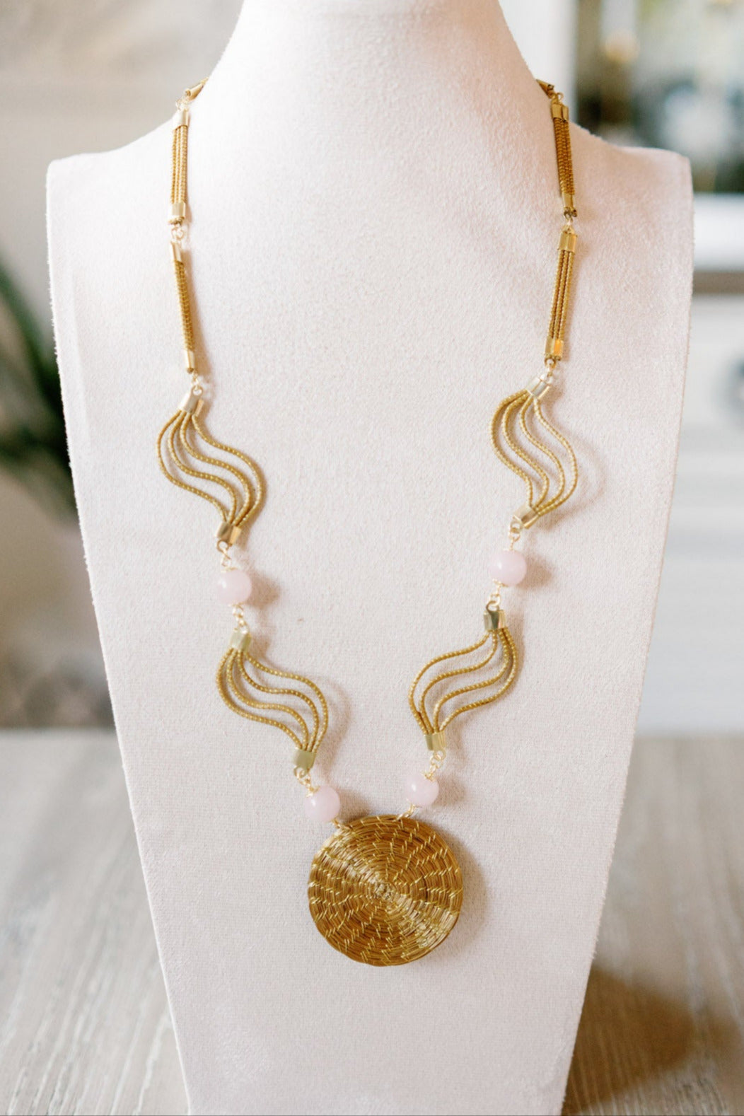 Mandala Waves Necklace — Handwoven Golden Grass with Rose Quartz & 18K Gold Plated Accents