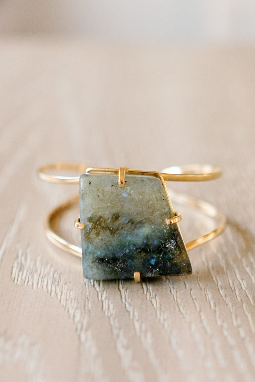 Labradorite Cuff Bracelet — Genuine Natural Stone, 18K Gold Plated, Adjustable Statement Jewelry