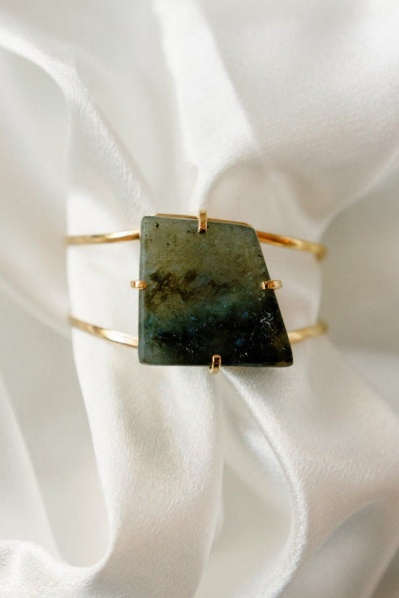 Labradorite Cuff Bracelet — Genuine Natural Stone, 18K Gold Plated, Adjustable Statement Jewelry