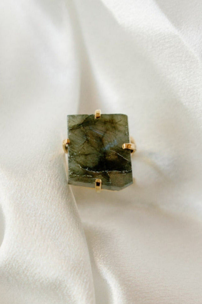 Labradorite Statement Ring — Genuine Natural Stone, 18K Gold Plated, Adjustable Band