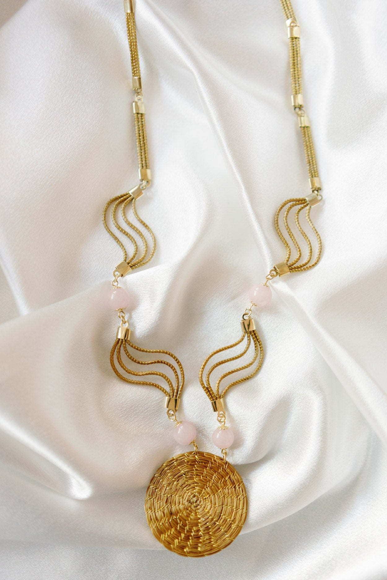 Mandala Waves Necklace — Handwoven Golden Grass with Rose Quartz & 18K Gold Plated Accents