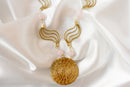 Mandala Waves Necklace — Handwoven Golden Grass with Rose Quartz & 18K Gold Plated Accents