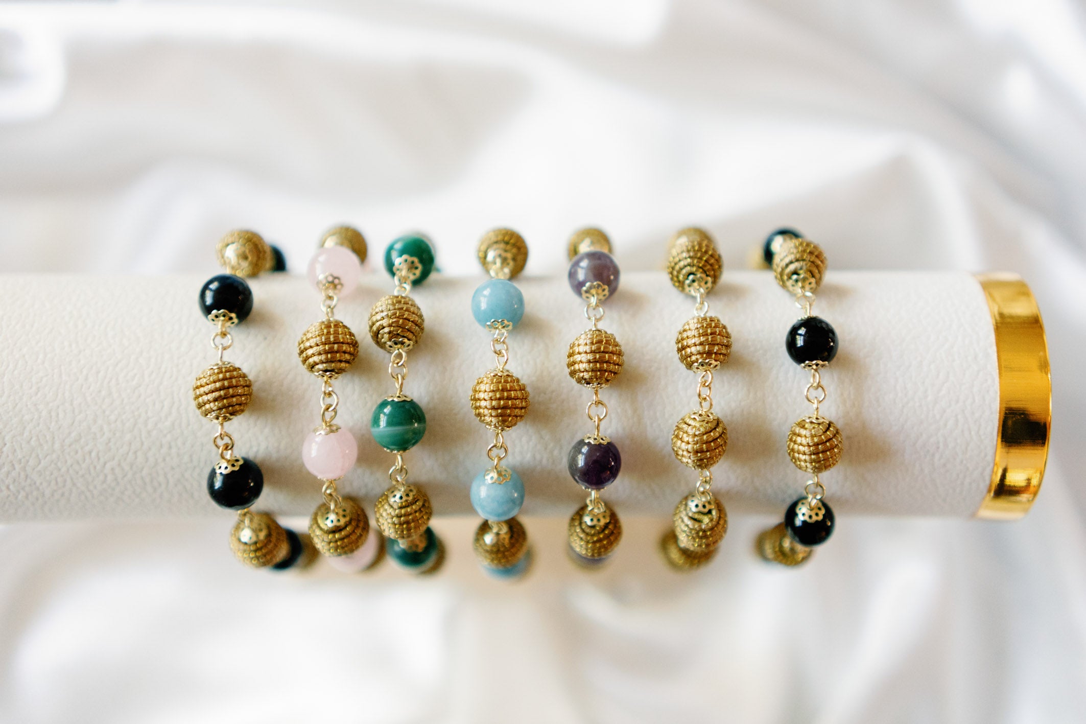 Golden Energy Bracelet — Handwoven Golden Grass & Genuine Gemstone Beads with 18K Gold Plated Accents