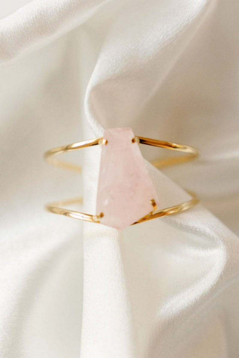 Rose Quartz Statement Cuff Bracelet — 18K Gold Plated Gemstone Jewelry for Special Occasions