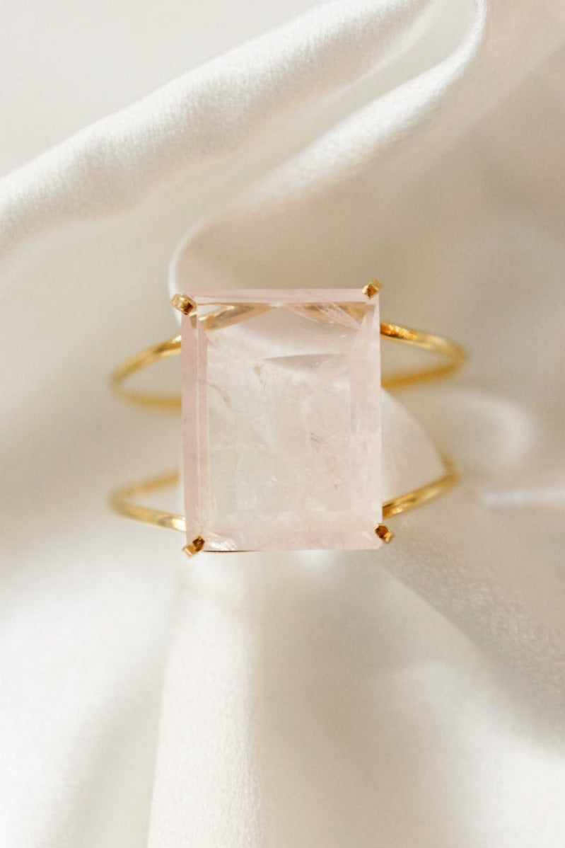 Rose Quartz Statement Cuff Bracelet — 18K Gold Plated Gemstone Jewelry for Special Occasions