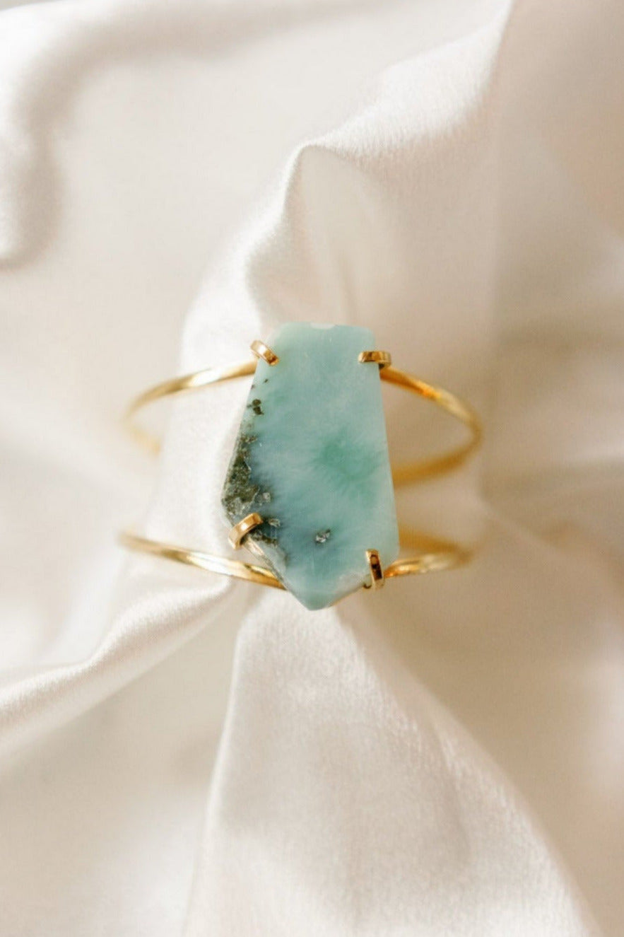Larimar Cuff Bracelet — Genuine Caribbean Gemstone, 18K Gold Plated, Adjustable Statement Jewelry