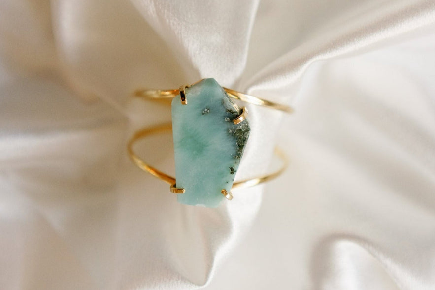 Larimar Cuff Bracelet — Genuine Caribbean Gemstone, 18K Gold Plated, Adjustable Statement Jewelry