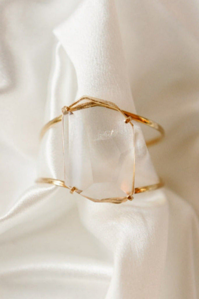Clear Quartz Cuff Bracelet — 18K Gold Plated, Adjustable Natural Gemstone Jewelry, Hypoallergenic