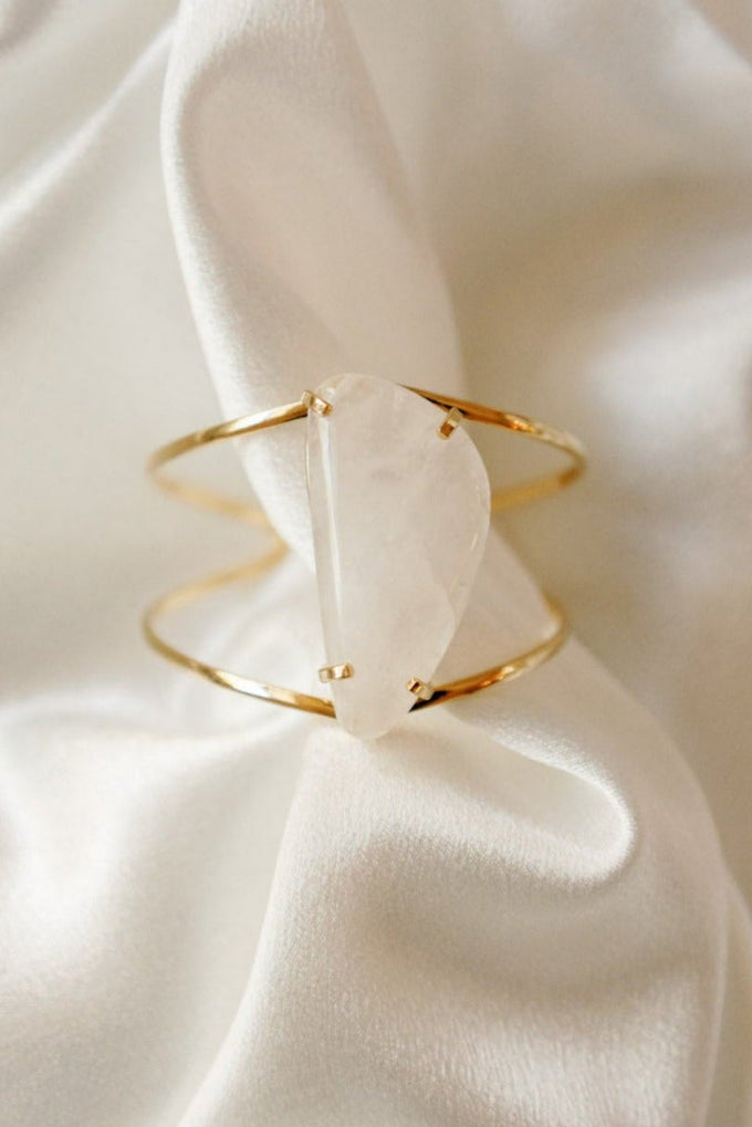 Clear Quartz Cuff Bracelet — 18K Gold Plated, Adjustable Natural Gemstone Jewelry, Hypoallergenic