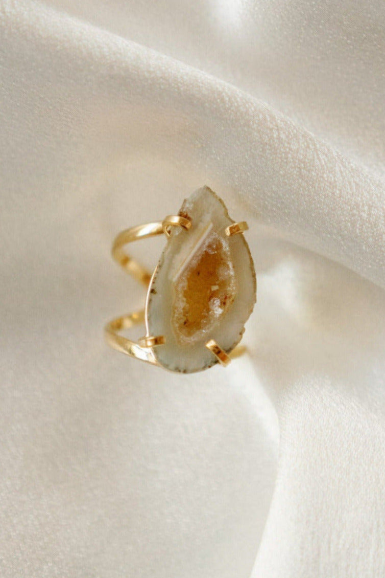 Full Geode Cocktail Ring — Genuine Natural Stone, 18K Gold Plated, Adjustable Statement Jewelry
