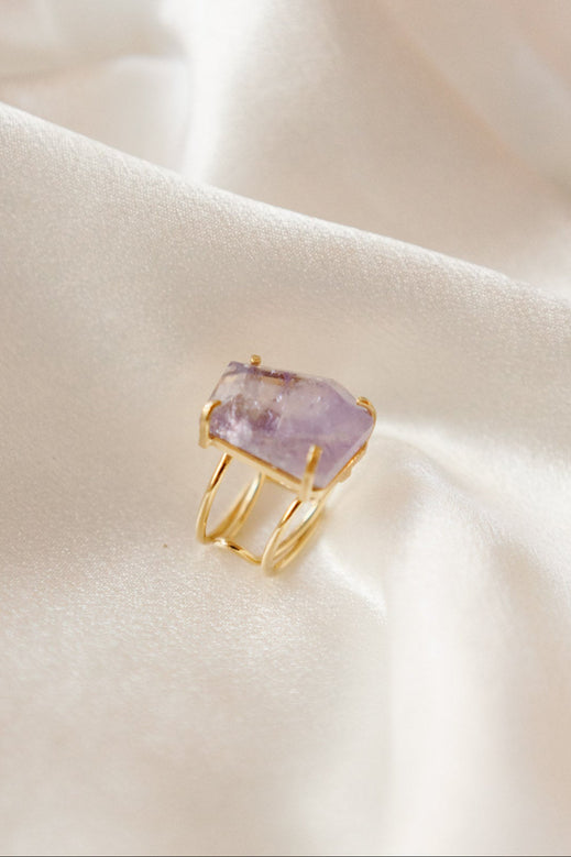 Amethyst Faceted Ring — 18K Gold Plated, Genuine Natural Gemstone Statement Jewelry